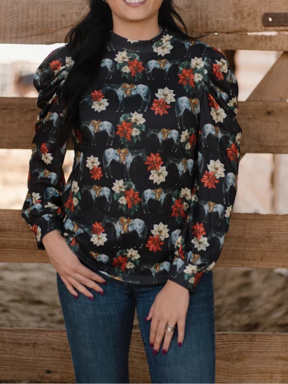 Floral & Horse Print Long-Sleeve Top - Black